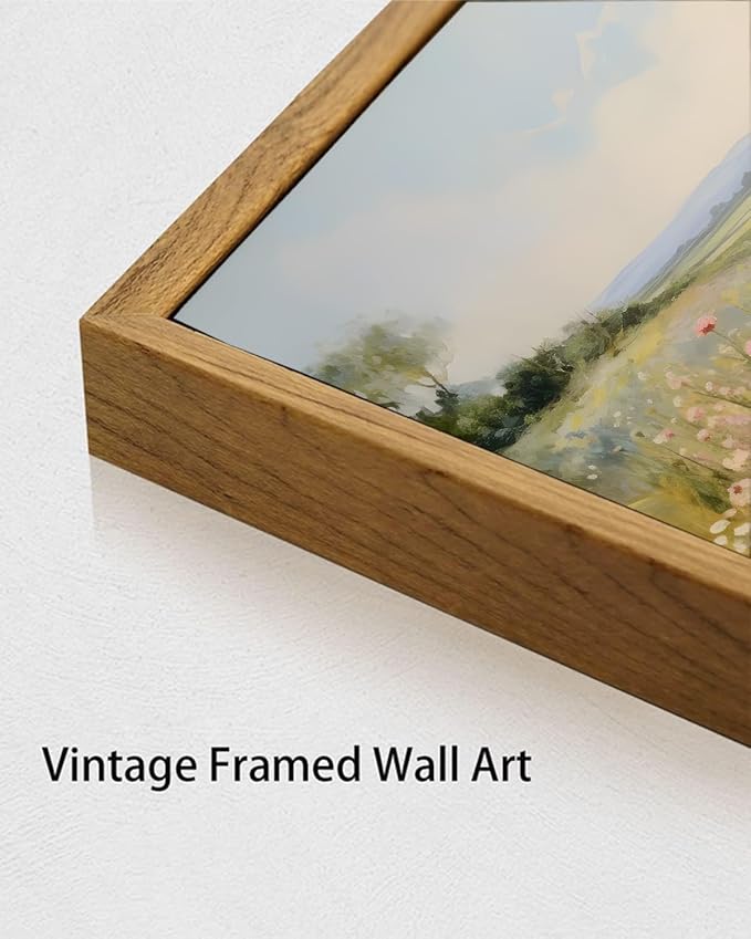 KISSFOX Vintage Wild flower Path Landscape Canvas Wall Art Spring Farmhouse Nature Floral Framed Wall Art Rustic Cottagecore Botanical Painting Art Prints Artwork For Living Room Bedroom Kitchen