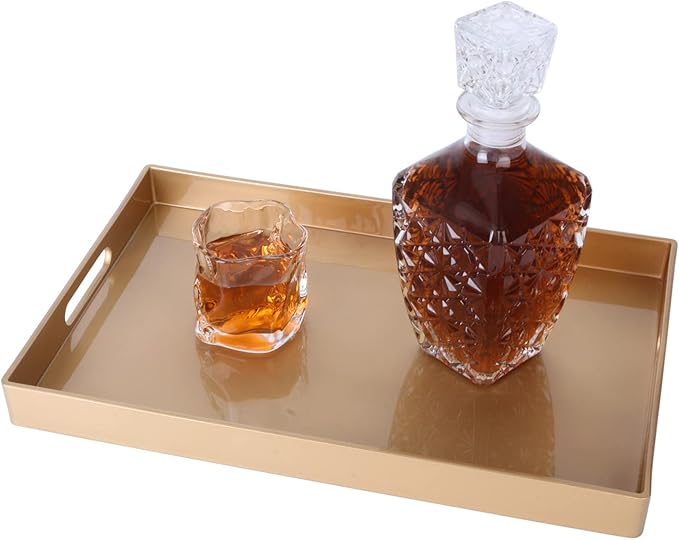 Zosenley Decorative Tray, Rectangular Plastic Tray with Handles, Modern Vanity Tray and Serving Tray for Bathroom, Kitchen, Ottoman and Coffee Table, 15.6" x 10.2"(Gold)