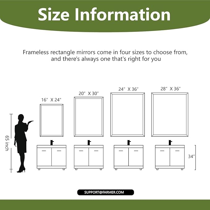 FARMER Rectangle Frameless Mirror, 40x30 inch Rectangle Mirror with 1" Beveled Edge, Beveled Bathroom Mirror for Wall, Vanity, Bedroom, Living Room