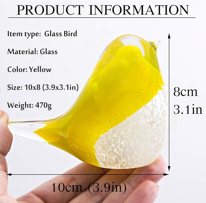 QFkris Qf Handmade Bird Blown Glass Figurine Gift for Christmas, Birthday Home Decor Yellow Paper Weight
