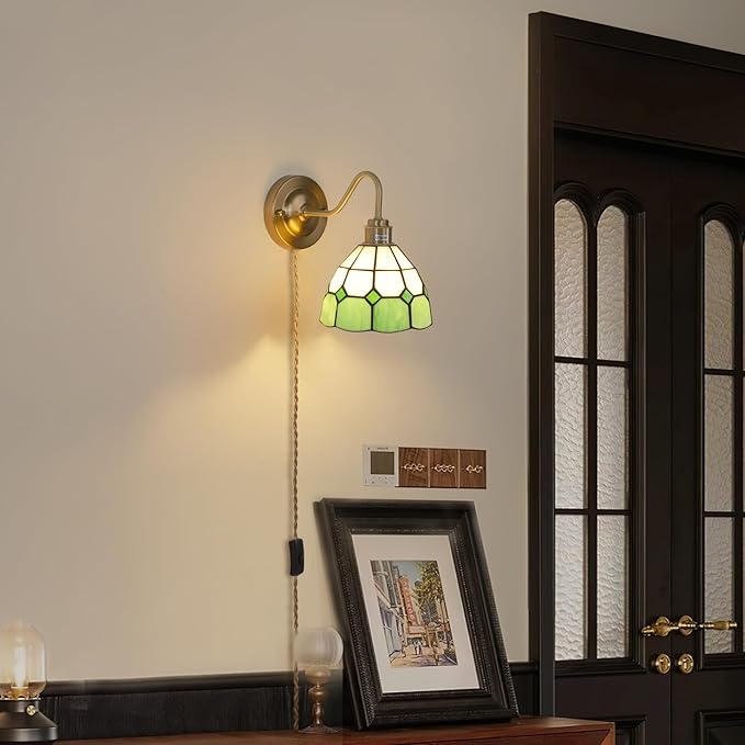 Vintage Wall Sconce, Wall Lamps with Green White Checker Sconce, Stained Glass Shade Brass Wall Lights Fixture with Plug in Cord and Switch for Bedroom Bathroom Living Room Hallway