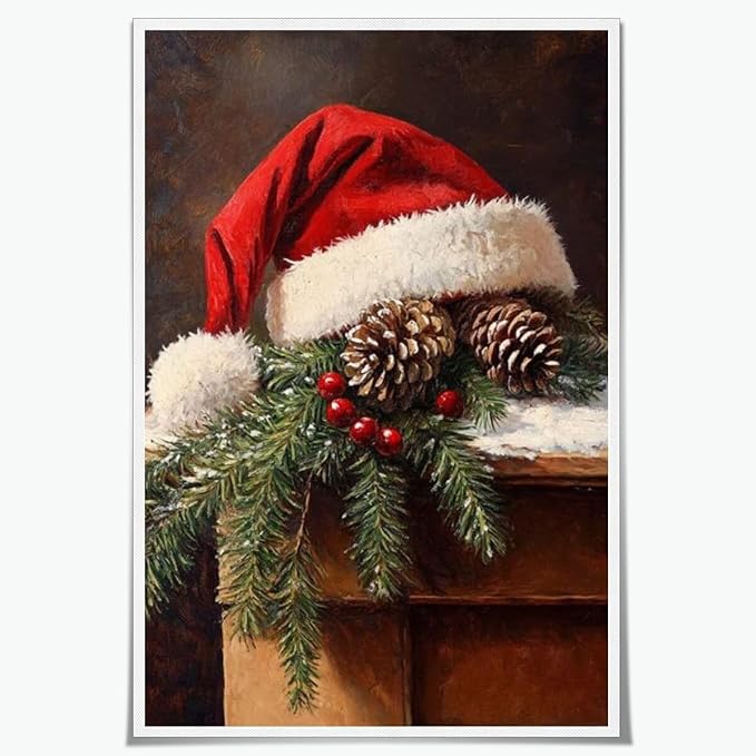 Vintage christmas wall art santa hat painting pine cone winter cottagecore canvas poster for christmas home decor bedroom living room Unframed16x24inch
