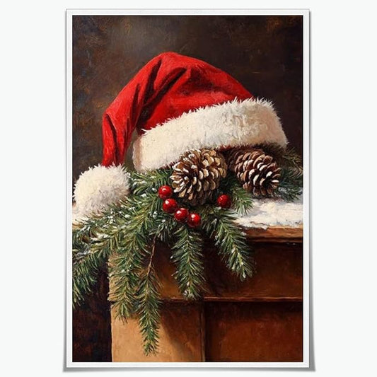 Vintage christmas wall art santa hat painting pine cone winter cottagecore canvas poster for christmas home decor bedroom living room Unframed8x12inch