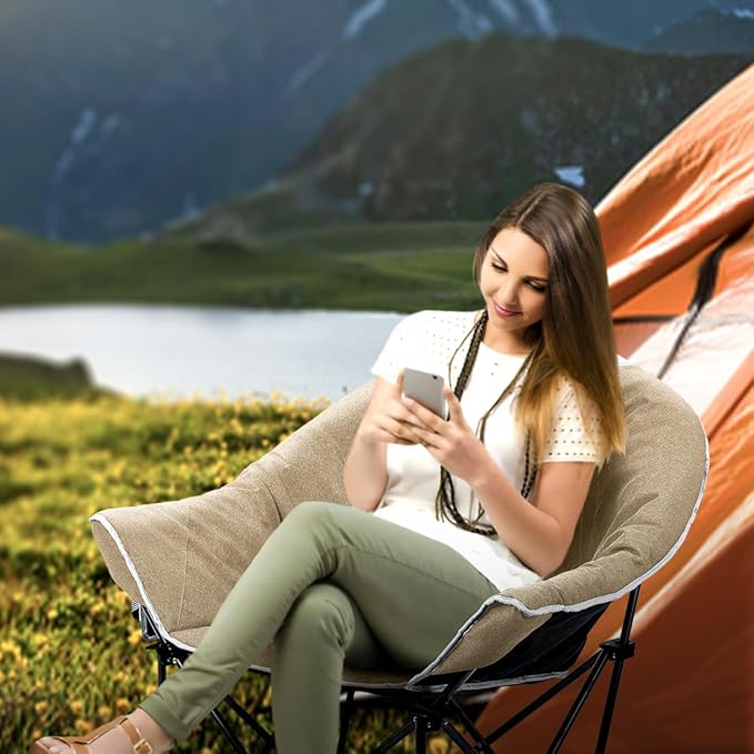 OUTDOOR LIVING SUNTIME Oversized Padded Camping Chair,Portable Comfy Outdoor Folding Moon Round Saucer Chairs for Adults with Holder and Carry Bag, Perfect for Hiking Lawn Patio Sports(Beige 2 Pack)