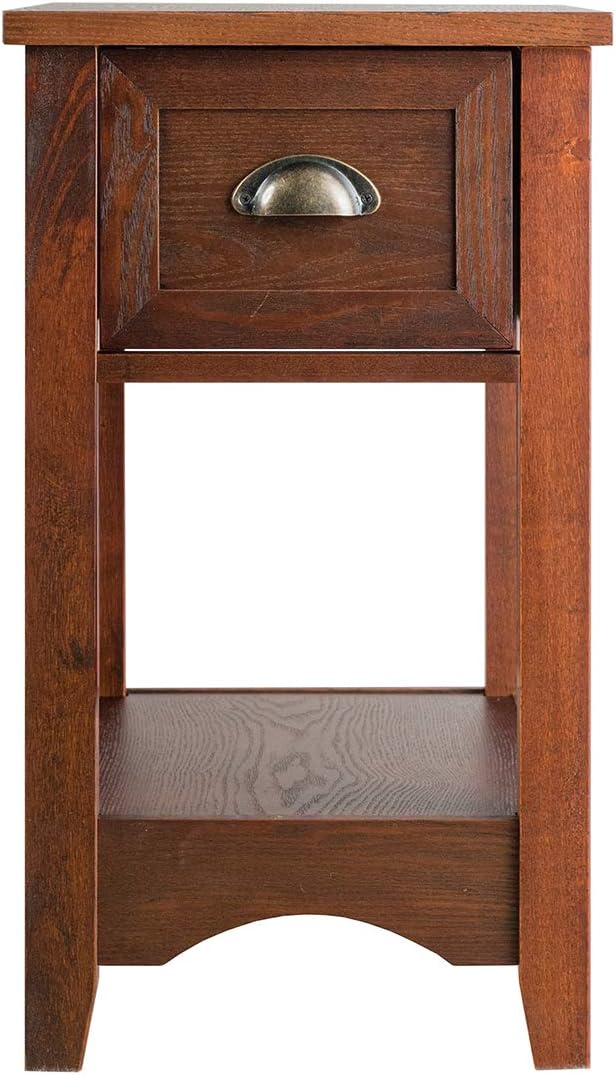 Giantex End Table with Drawer, Retro Narrow Side Table, Nightstand with Solid Wood & Stroage Shelf, Bedside Table for Living Room Bedroom Small Space Home Office (1, Walnut)