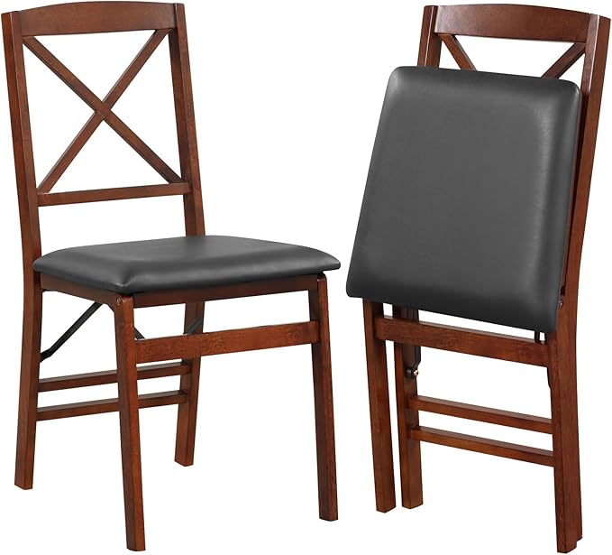 COSTWAY Folding Dining Chairs Set of 2, Upholstered Wooden Dining Room Chairs with X-Shaped Back, 400LBS Capacity and Solid Wood Frame for Kitchen Apartment (Brown & Black)