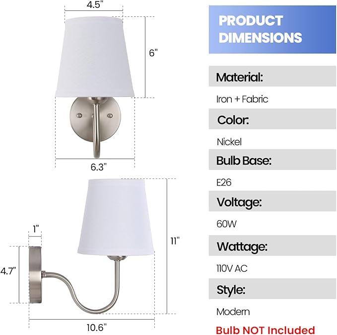 Wall Sconce Set of 2, Brushed Nickel Bathroom Vanity Sconces Wall Lighting, Indoor Wall Lights with Light Beige Fabric Shades, Wall Mounted Lamps for Bedroom Living Room Hallway