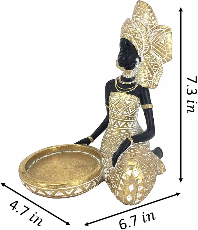 African Lady Figurine Candle Holder with African Tribal Totem for Wedding,Church,Holiday Decor-African Decorative Women Statues, Candlestick Holder for Home and Table Decor(754-Gold)