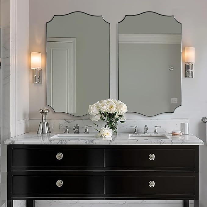ANDY STAR Chrome Bathroom Mirror, 24x40 Inch Polished Silver Scalloped Mirror, Bathroom Mirror for Over Sink in Rust-Proof Stainless Steel 1" Frame, Unique Designer Mirror, Wave Inspired Style