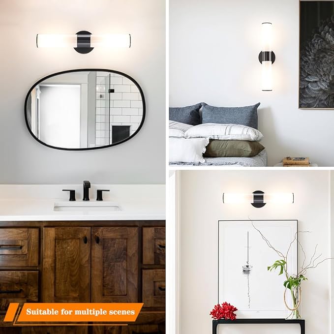 Black Wall Sconces Set of 2, Modern Sconces Wall Lighting, Bathroom Vanity Lights with Opal White Glass Shade, Vanity Sconce over Mirror, Wall Light Fixtures for Living Room Bedroom Hallway Stairs