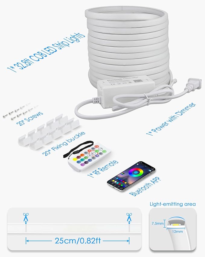 RGB COB LED Strip Light AC 110V 32.8FT Bluetooth Smart APP Remote Control Color Changing Dimmable Flexible RGB Neon Rope Lights 576LEDs/M Outdoor IP67 Waterproof for Bedroom Party Courtyard
