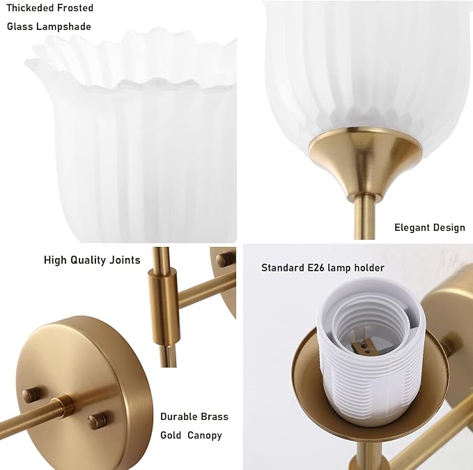2-Lights Gold Wall Sconce with Frosted Glass Shades Modern Mid Century Bathroom Vanity Wall Light Fixtures Industrial Brushed Brass Wall Lamp for Bedroom Mirror Living Room Restaurant