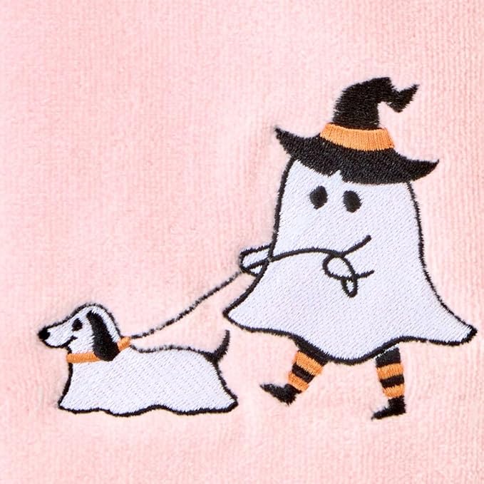 SKL Home Halloween Ghost Walking Dog 100% Cotton Embroidered 2pc Hand Towel Set, Decorative for Bath/Kitchen/Bar & Gift, Pink