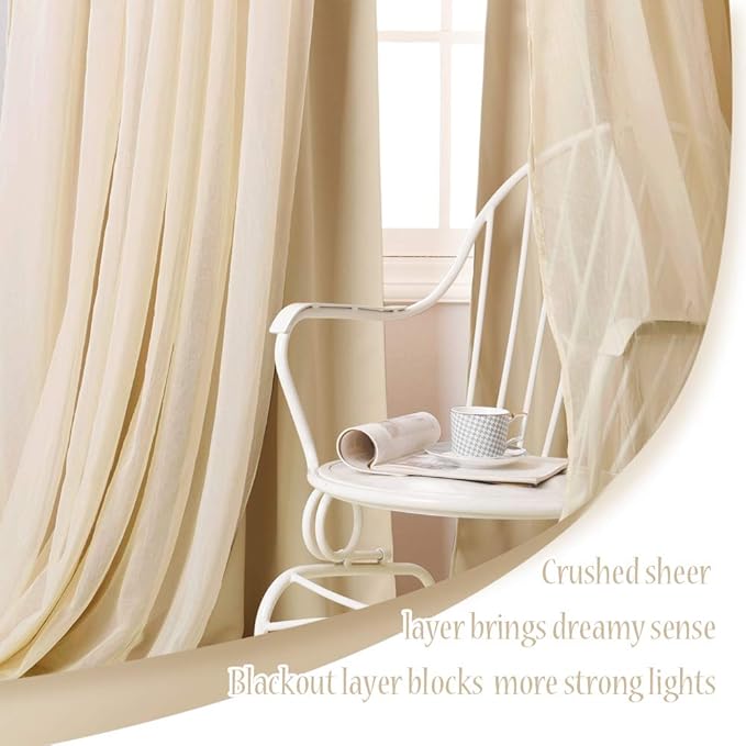 NICETOWN Bedroom Nursery Biscotti Beige Curtains Double-Layered Sheer & Blackout Panels with Free Tie-Backs, Home Decor Window Drapes for Kids (2 Panels, 52 inches Wide x 72 inches Long)