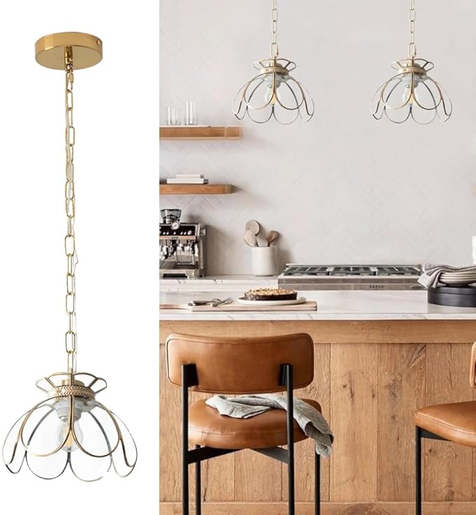 Yifi Glass Pendant Light Fixture, Brass Ceiling Pendant Lighting, Adjustable Chain Gold Mini Chandelier, Elegant Flower Hanging Lamp for Kitchen Island Dining Room Living Room Cafe Shops, Clear