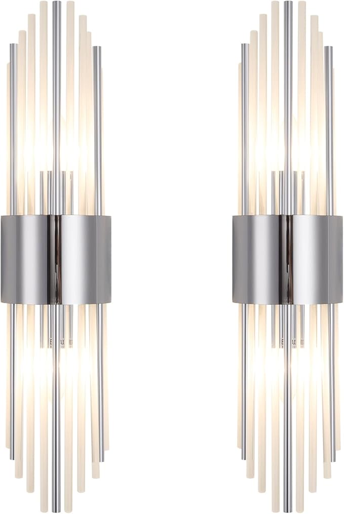 Chrome sconces Wall Set of 2, Silver Crystal Wall sconces Set of Two, Modern Wall Sconce Decoration (Set of Two) for Living Room, Bedroom, Bathroom, Vanity, Stairs, Hallway,with 4 E12 Light Sources