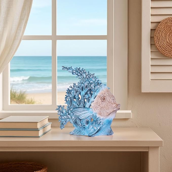 Beach Coastal Decor Turquoise Coral Reef Angelfish Figurines, Modern Nautical Decor Ocean Centerpieces for Living Room, Bathroom, Office, Coffee Table, Beach House, Seaside, Entrance, Shelf Decorative