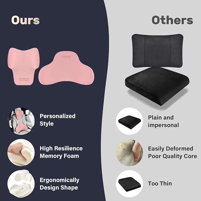 Coverado Lumbar Support and Headrest Pillow for Car, Memory Foam Ergonomic Head Neck Support Pillow for Driving Seat, Back Support and Pain Relief, Seat Cushion for Car, Driver, Office
