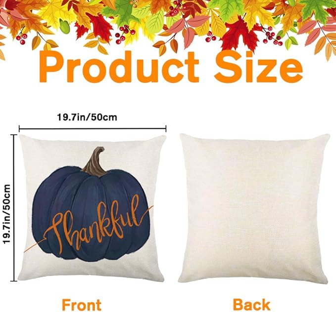 Fall Pillow Covers 20 x 20 Inch Blue Pumpkins Throw Pillow Covers for Farmhouse Autumn Cushion Covers Thanksgiving Pillow Case for Indoor Home Bedroom Sofa Decor
