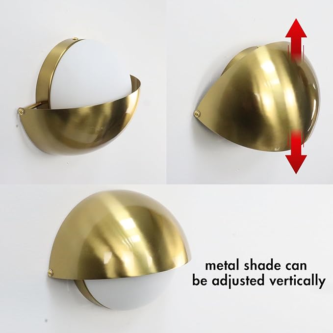 YUBOLE Mid Century Wall Sconce Modern Gold Bathroom Vanity Light Over Mirror with Adjustable Metal Shade and Milky Glass Globe G9 Based Indoor Wall Lamp Wall Mounted Sconce