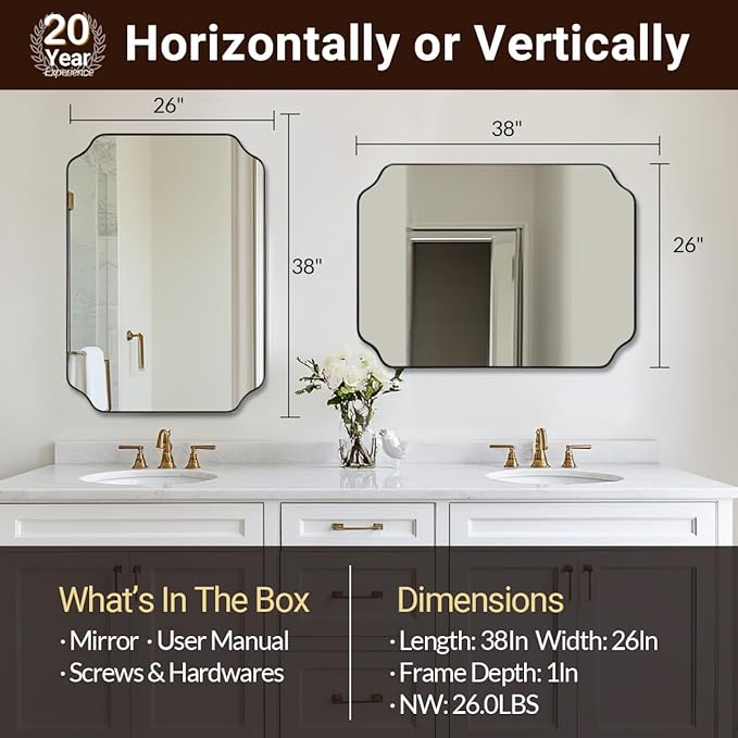 ANDY STAR Matte Black Mirror 26x38 Inch, Scalloped Wall Mirror, Unique Rectangular Bathroom Mirror in Premium Stainless Steel Metal Frame 1’’ Deep, Hangs Vertically/Horizontally