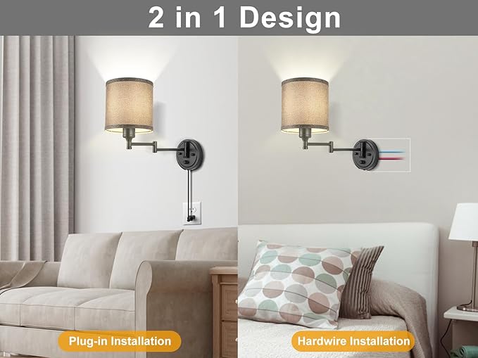 Plug in Wall Sconces with Remote Control, Dimming 10%-100% & Adjustable Colors 2700K-6500K, Hardwire or Plug-in, Swing Arm Wall Lamp with Gray Fabric Shade, Wall Sconces Set of Two, Black Finish
