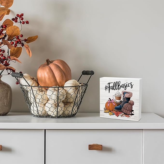 Autumn Thanksgiving Happy Fall Pumpkin Bow Spice Coffee Office Bedroom Dining Room Decor Wooden Box Block Plaque Wood Products Sign for Desk Table Tabletop Decor 5 x 5 inches Tub1602