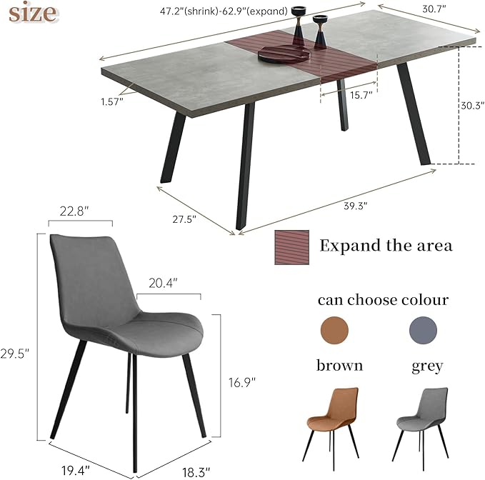 5PCS 47.2"- 62.9" Extendable Dining Table Set, Kitchen Table with PU Leather Dining Chairs for 4-6 Person, Thickened Expandable MDF Wooden Table with Metal Legs