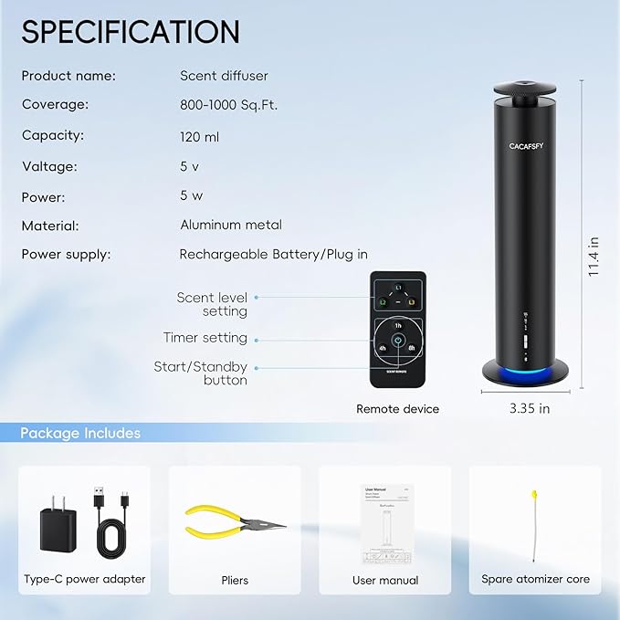 Waterless Diffuser,Hotel Scent Diffuser-Night Light,Wireless Use-Cover Up to 1000 Sq.Ft.-Cold Air Tech,Scent Diffusers for Home,Aromatherapy,Large Room,Spa,Commercial-Black Essential Oil Diffuser