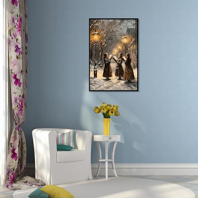 Medpol Vintage christmas wall art snow christmas carolers moody wall decor winter canvas poster for holiday decor apartment dormitory black framed12x18inch