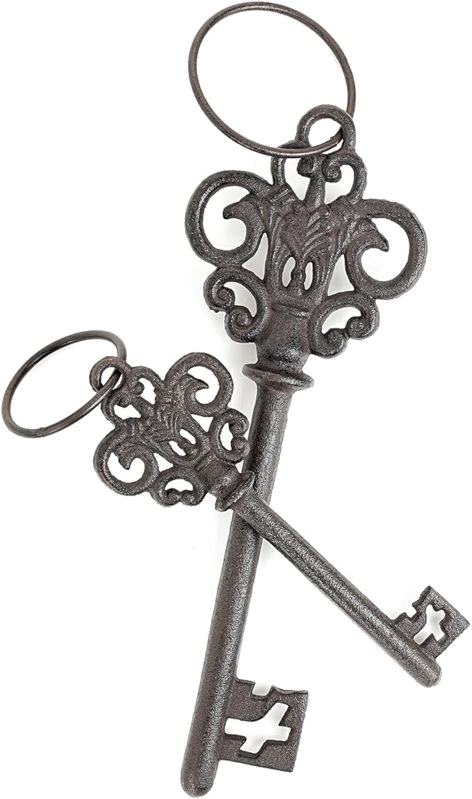 Sungmor Cast Iron Skeleton Keys, Set of 2 Large Old Fashioned, Decorative Wrought Iron Wall Art, Home Garden Farmhouse Halloween Decor, Rustic Brown
