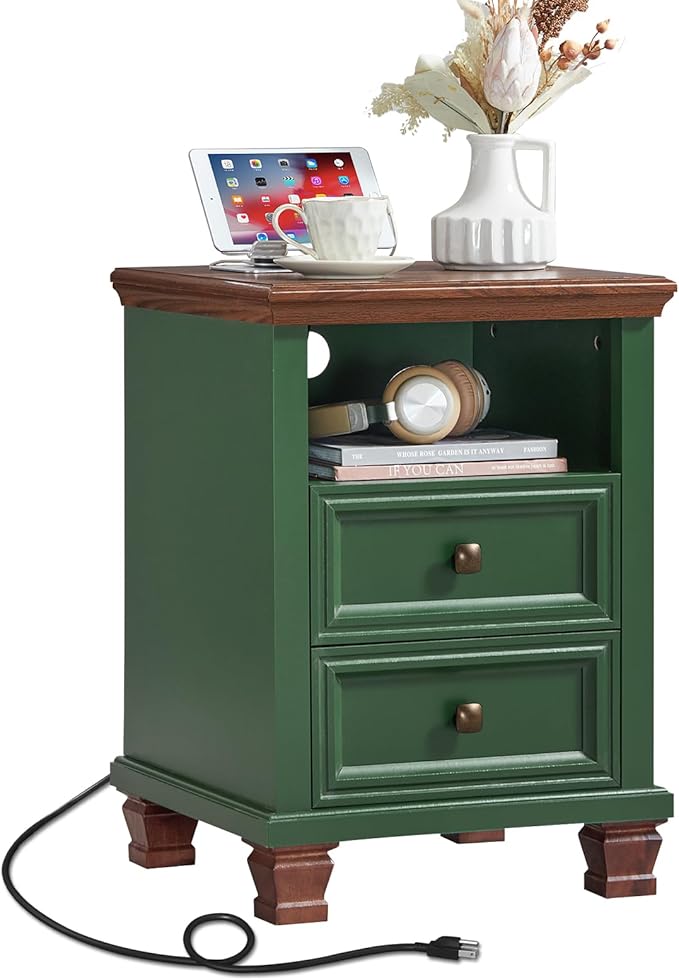 Farmhouse Nightstand with Charging Station, Rustic Green Nightstand,2 Drawers End Table for Living Room,Bedside Table with Open Shelf for Bed Room,Green