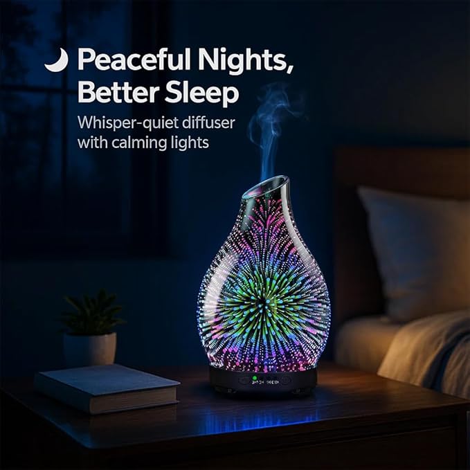 Essential Oil Diffuser & Essential Oils Set, Glass Aromatherapy Diffuser with 7 Color LED Lights and Auto-Shut Off, Cool Mist Diffuser for Home with 6 Essential Oils