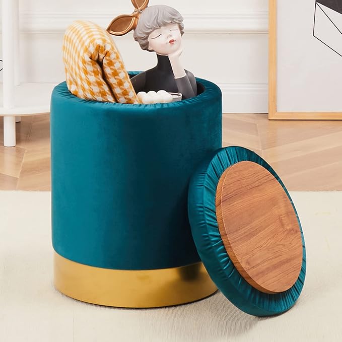 Mxfurhawa Velvet Storage Ottoman Multipurpose Footrest Stool with Metal Base Modern Round Vanity Stool Chair Ottoman Foot Stools Support 300 lbs Padded Seat for Living Room (Blue Green)