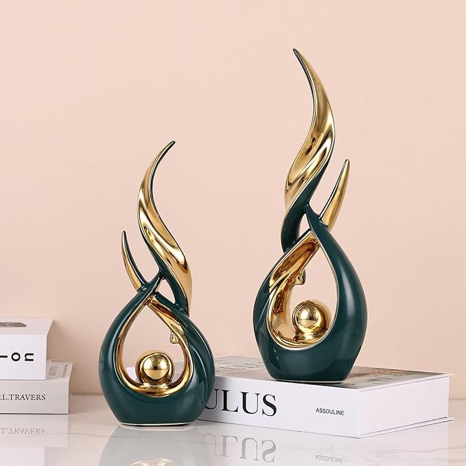2 PCS Green Gold Ceramic Statues For Home Decor Accents, Modern Abstract Art Sculptures, Elegant Tabletop Decorative Objects For Dining Room, Entryway, Tv Stand, Mantel, Coffee Table Centerpieces