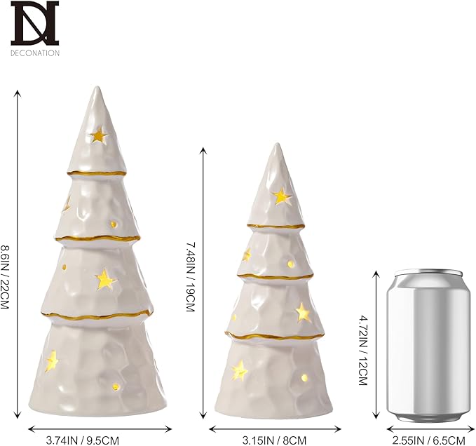 DN DECONATION White Christmas Ceramic Tree with Lights, Prelit Porcelain Tabletop Xmas Trees, 2Pcs Battery-Operated Christmas Tree Figurines for Christmas Mantel Desk Table Centerpieces Decor