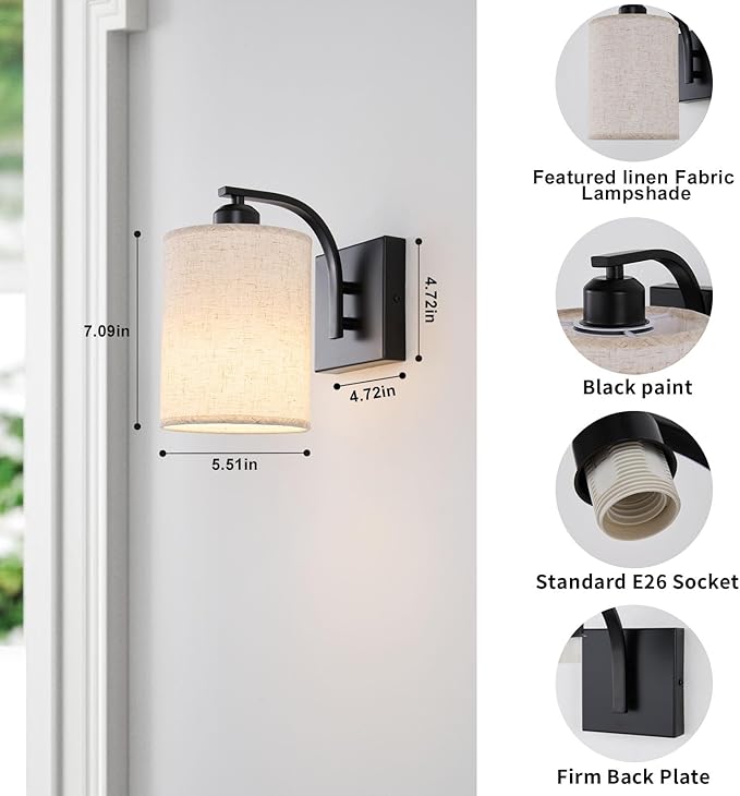 Black Rechargeable Battery Operated Wall Sconces Set of 2 with Remote, Wireless Dimmable Battery Powered LED Wall Lights, Cordless Wall Lighting Lamp Fixture for Bedroom Living Room