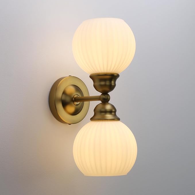 Pathson 2-Light Milk White Wall Sconces Striped Glass, Modern Bathroom Sconces Wall Vanity Light Fixtures Brass Finish, Vintage Wall Sconce Lamp for Mirror Living Room Bedroom Farmhouse Lighting