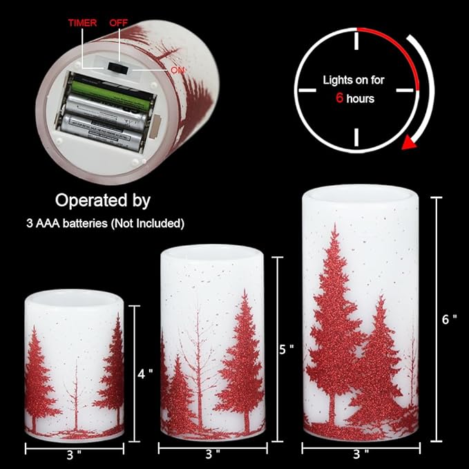 DRomance Christmas Tree Flameless Flickering Candles Battery Operated with 6H Timer, 3 Pack Real Wax Warm Light LED Pillar Candles Dinner Tabletop Holiday Centerpiece Decor 3" x 6"