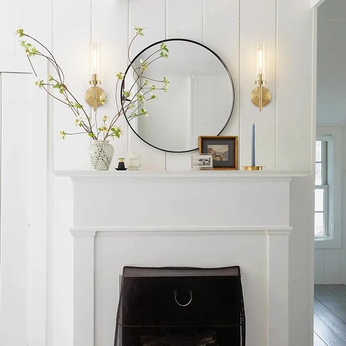 Hardwired Gold Wall Sconces Set of 2, Modern Bathroom Sconces Wall Lighting Vanity Light Fixtures with Clear Glass, Brushed Brass Wall Decor Lights for Mirror Living Room Bedroom Hallway Stairwell