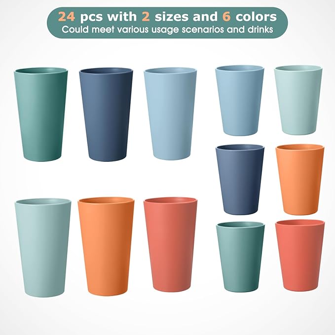 24 Pcs Unbreakable Plastic Cups Set, 12 Pcs 14 oz and 12 Pcs 20 oz Reusable Plastic Cups, Stackable Water Tumblers, Drinking Cup for Kitchen, BPA-free, Dishwasher and Microwave Safe, 6 Colors