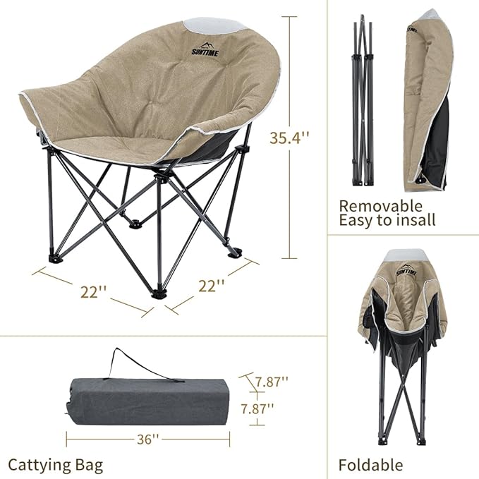 OUTDOOR LIVING SUNTIME Oversized Padded Camping Chair,Portable Comfy Outdoor Folding Moon Round Saucer Chairs for Adults with Holder and Carry Bag, Perfect for Hiking Lawn Patio Sports(Beige 2 Pack)