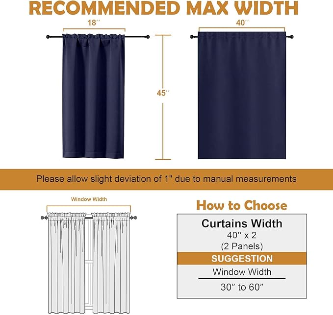 Aiyufeng Navy Blue Short Blackout Curtains for Bedroom 45 Inches Long 2 Panels Set, Solid Thermal Insulated, Energy Saving Window Treatment Curtains Blackout Drapes, W40 x L45 Inch, Navy Blue
