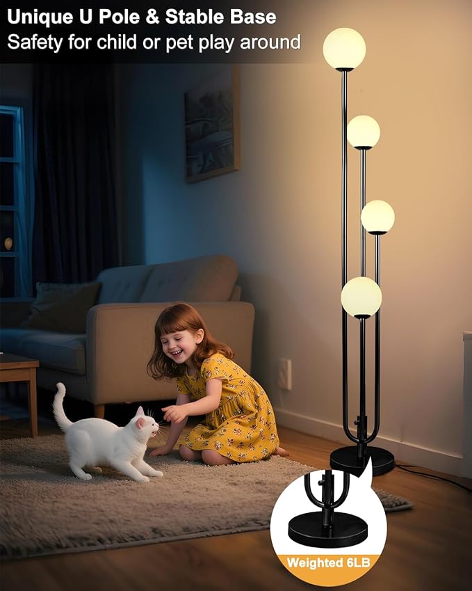 Lightdot Black Globe Floor Lamp 4-Lights Dimmable Floor Lamps with Tray 3000K Bulbs Included Unique Candle Standing Lamp for Living Room/Bedroom