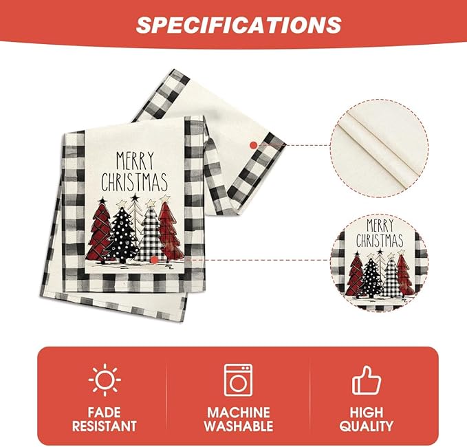 Artoid Mode Waterclor Buffalo Plaid Christmas Trees Merry Xmas Table Runner, Seasonal Winter Holiday Kitchen Dining Table Decoration for Indoor Outdoor Home Party Decor 13 x 60 Inch