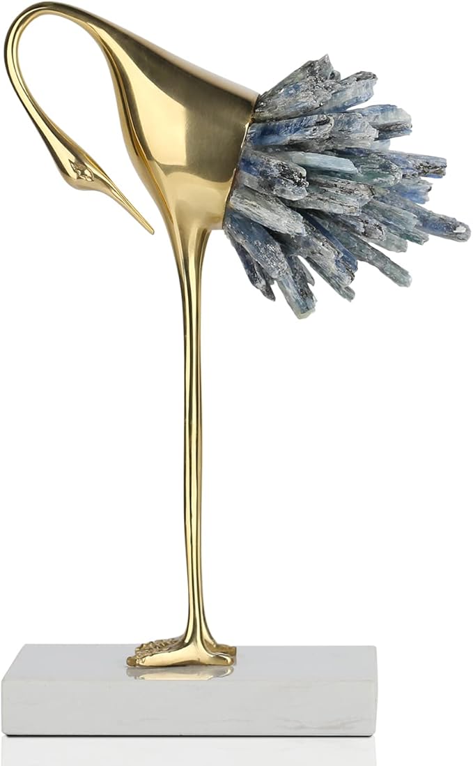 suruim Elegant Gold Crane Bird Statues with Crystal Tail Accents, Set of 3, Decorative Brass Figurines for Home Decor (Blue C)