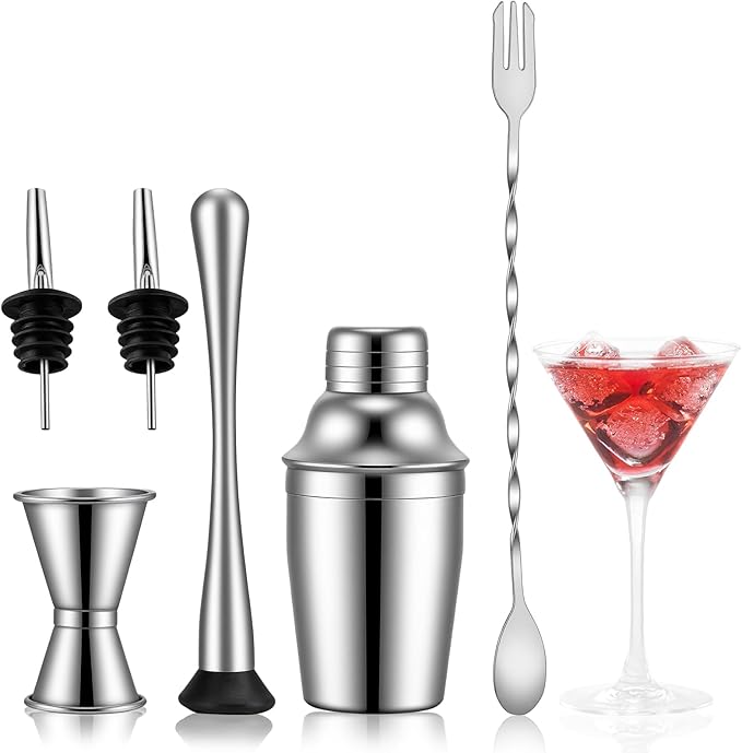 6 Piece 8oz Professional Cocktail Shaker Set with Built-in Strainer,Martini and Margarita Shaker for Home Bar, Boston Bartending Kit Gift for Beginners (250ml/8oz)
