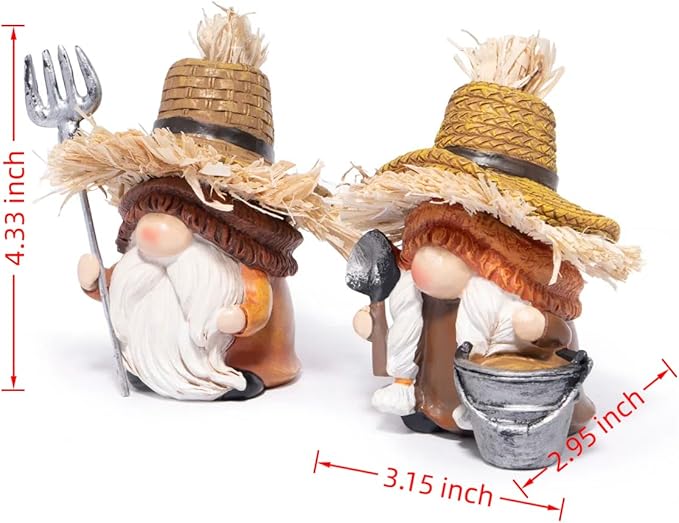 Hodao Fall Scarecrow Farm Gnomes - Couple Figurines with Straw Hats & Farm Tools, Rustic Indoor Outdoor Decor for Home, Porch, Thanksgiving & Harvest Gifts(Orange)