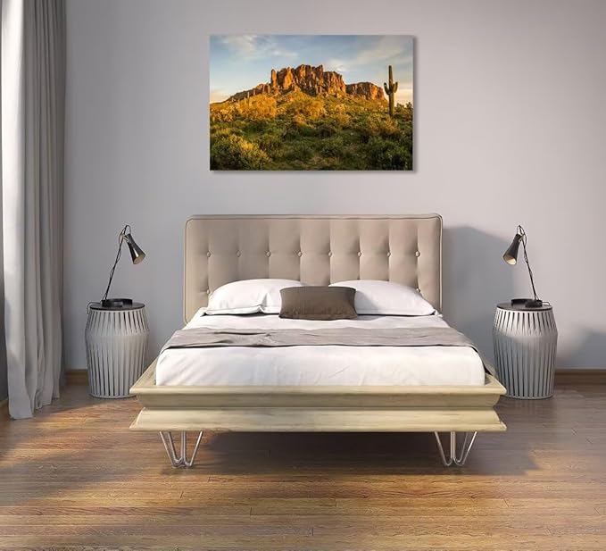 Sunset at Superstition Mountain Wall Art for Living Room Bedroom Bathroom Home Decorations USA AZ Cactus Picture Poster Canvas Prints Framed Ready to Hang(24''H x 36''W)