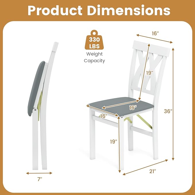 GOFLAME Folding Dining Chairs Set of 4, Foldable Kitchen Chairs with PVC Leather Padded Seat and Rubber Wood Frame, Elegant Hollowed Backrest, Wooden Dinner Chair Set for Dining Room, White